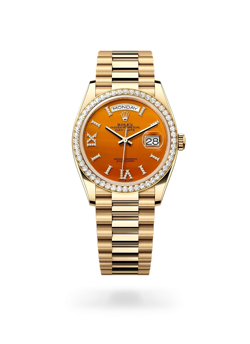 rolex day-date 36 in yellow gold and diamonds, -m128348rbr-0049 - Rolex Boutique Design District