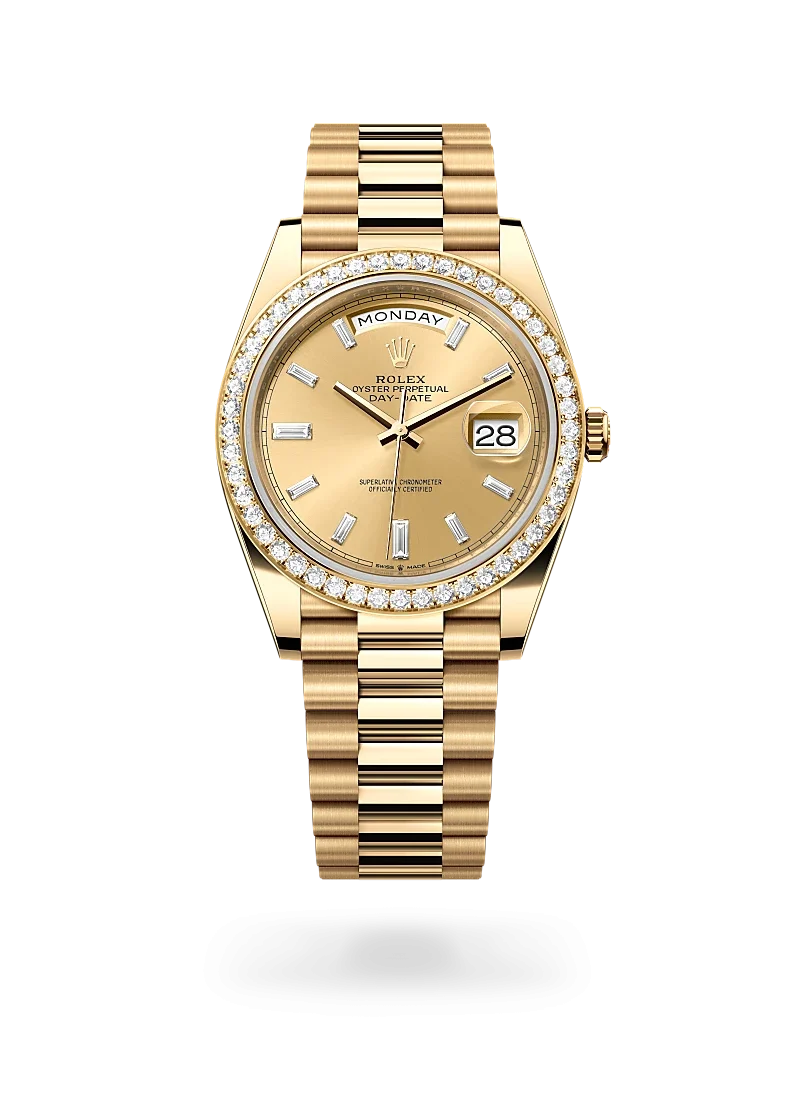 rolex day-date 40 in yellow gold and diamonds, -m228348rbr-0002 - Rolex Boutique Design District